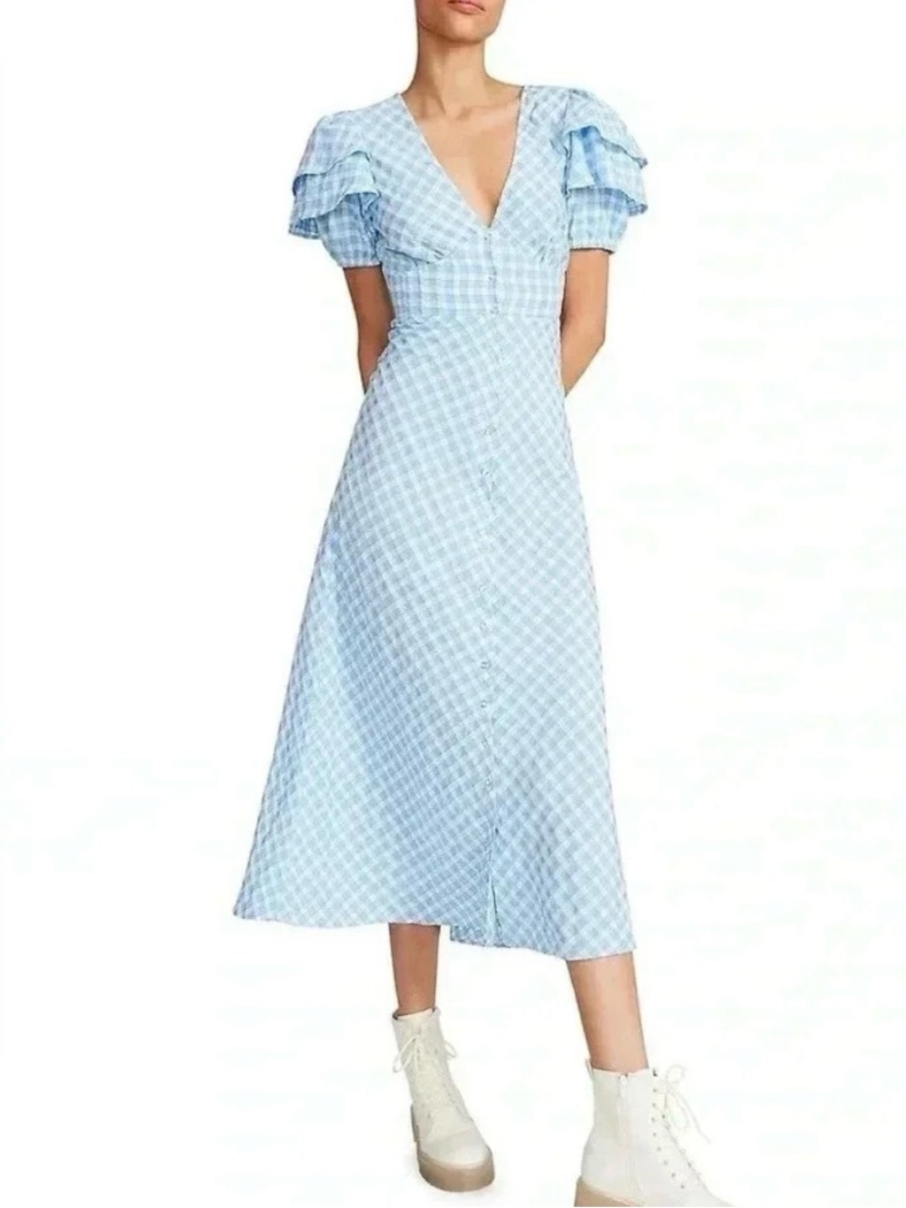 Betsey Johnson Light Blue Gingham Midi Dress with Puff Sleeves